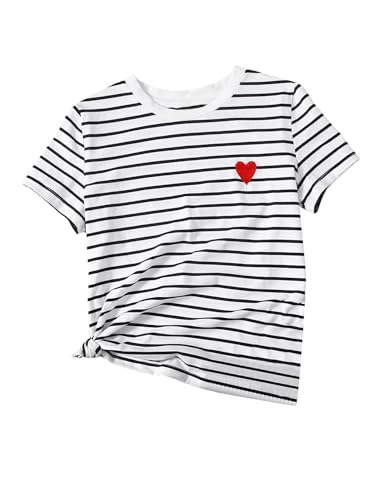 SweatyRocks Women's Heart Striped T Shirt Short Sleeve Shirt Crew Neck Casual Tee Top