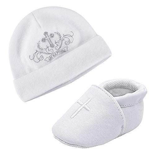ESTAMICO Baby Boys Baptism Shoes and Hat with Silver Embroidered Cross Christening Outfit Gifts, Pack of 2, 3-6 Months
