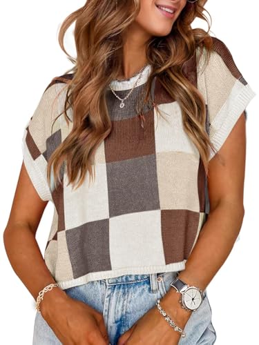 WIFFGO Womens Cute Summer Tops Color Block Knit Vest Crop Top Short Cap Sleeve Khaki