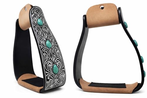 CHALLENGER Horse 5" Black Slanted Offset Angled Saddle Stirrups Green Turquoise Stone 51225