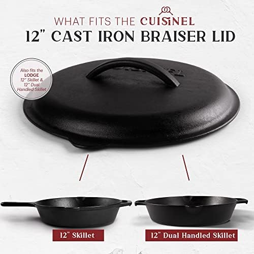 Cuisinel Cast Iron Lid - Fits 12"-Inch / 30.48-cm Lodge Skillet Frying Pans or Braiser + Silicone Handle Holder + Care Guide - Pre-Seasoned Replacement Cover - Indoor/Outdoor, Oven, Fire, BBQ Safe - Thumbnail 2