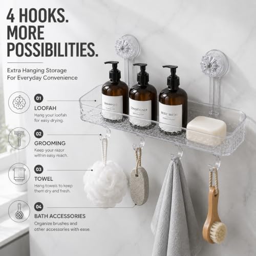 Image of UNTERI-PRO Acrylic Set of 1 Wall Mounted Bathroom Shelf Organizer| Shower Caddy with Hooks, Multipurpose Shower Storage Rack for Shampoo, Soap, Bottles, Towels & Bathroom Accessories