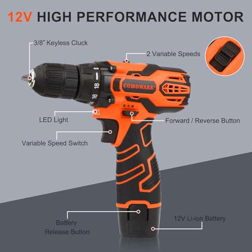 COMOWARE Cordless Drill Set, 12V Power Drill with Battery & Charger, 3/8" Keyless Chuck, 23Pcs Driver Bits Orange Storage Bag included thumbnail 3