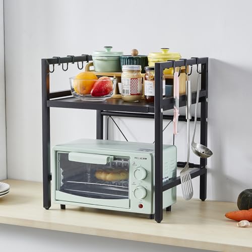 2-Tier Expandable Microwave Oven Rack, Telescopic Kitchen Counter Storage Organizer with 6 Hooks, Free Standing Adjustable Spice Rack, Heavy Duty Microwave Stand Baker's Rack Pot & Pan Rack