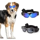 2 Stück Hundebrille - Hunde Sonnenbrille Anti-UV, Sonnenbrille für Hunde mit Einstellbar Gummiband, Winddicht Augenschutz Hund Fliegerbrille für Kleine und Mittlere Hunde(Blau+Schwarz)