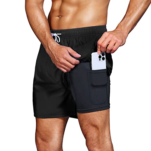 HMIYA Badehose Herren 2 in 1 Badeshorts Schwimmhose Schnelltrocknend Kurz Boardshorts mit Kompression und Reißverschlusstaschen(Schwarz M)