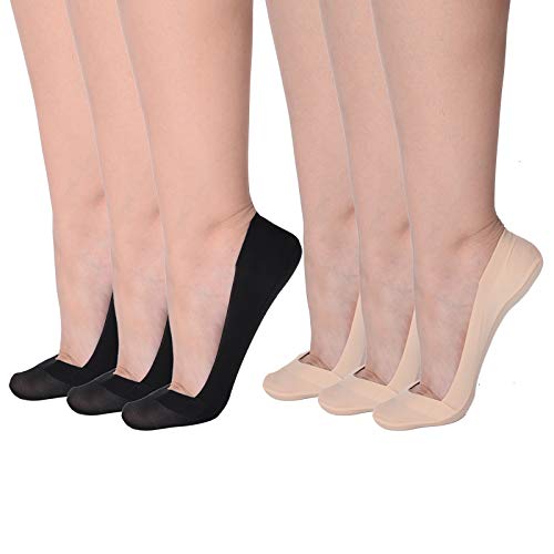 Flammi Women's 6 Pairs No Show Socks for Flats Heels Ultra Low Cut Liner Socks w/Heel Grip Non Slip Cotton Nylon (Beige, Black, Shoe Size 6-8.5 US)