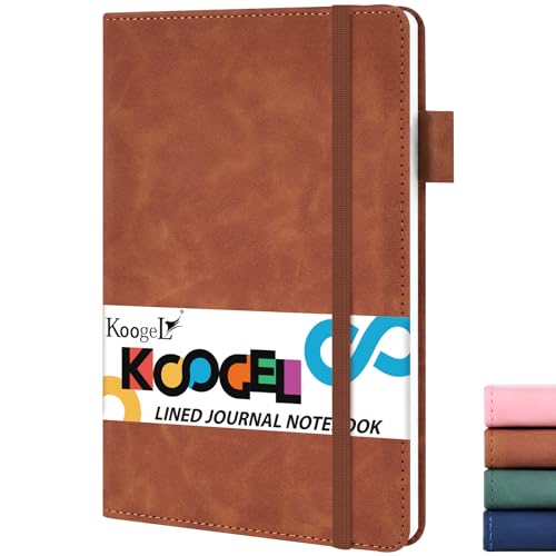 Koogel A5 Notebook, 100 Lined Pages Journal Notebook 80 gsm with Faux Leather Cover Pen Holder for Writing, Diary, Notetaking (Brown 15x21cm)