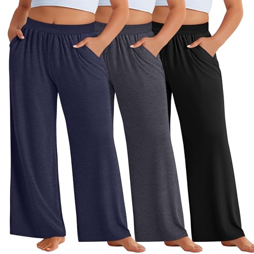 3 Pack Women Plus Size Wide Leg Pants Loose Fit Palazzo Lounge Yoga Sweatpants High Waist Casual Pajamas Pants