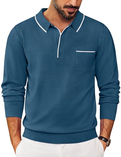 Polo en tricot à manches longues et col avec poche COOFANDY pour homme
