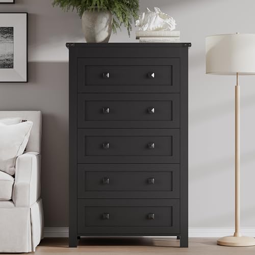 Image of BORNOON Tall 5-Drawer Dresser, Modern Wooden Storage Chest of Drawers, Dresser TV Stand, Wood Drawer Organizer with Metal Handles for Bedroom, Living Room, Hallway