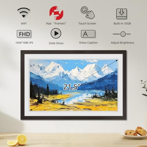 Image of FRAMEO Digital Picture Frame Touch Screen 32GB Storage WiFi Smart 21.5 inch Photo Frame, FHD IPS Auto-Rotate, Attach Wall mounting Bracket Share Photos or Videos Instantly via Frameo APP