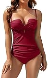 Eomenie Women's Push Up Wrap Front Swimsuit One Piece Tummy Control Bathing Suits Bandeau Support Slimming Swimwear Wine Red