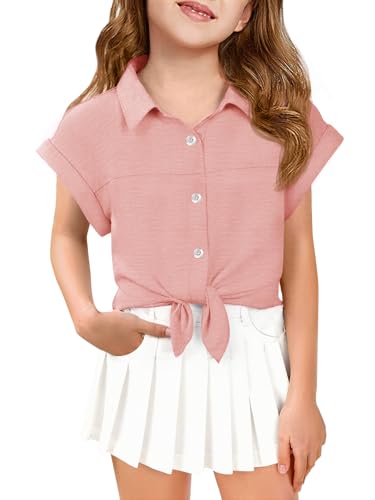 Haloumoning Girls Button Down Shirts Kids Short Sleeve Chiffon Blouses Textured Summer T Shirts Crop Top 5-14Y Light Pink