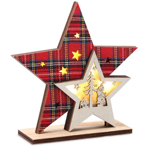 COM-FOUR® Stella LED come illuminazione decorativa - Stella luminosa come decorazione - Stella di Natale in legno (Stella - a scacchi rossi)