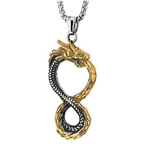 COOLSTEELANDBEYOND Ouroboros Dragon Pendant Necklace for Men and Women, Steel Silver Gold Infinity Knot Number 8, 30in Wheat Chain