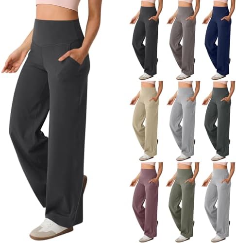 Women Wide Leg Yoga Pants with Pockets High Waist Straight Leg Dress Pants Tummy Control Flare Leggings