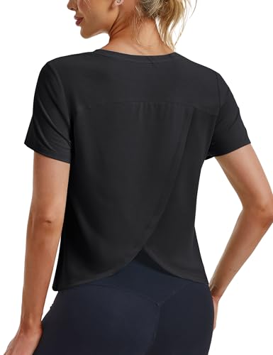 MAGCOMSEN Breathable Athletic Tops for Women Quick Dry Moisture Wicking Crop Tees Gym Sports Split Back Loose Black L
