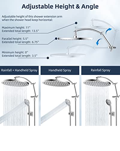 Hibbent Thickness 12'' Rain Shower Head, High Pressure Handheld Spray, Showerhead Combo With 16'' Adjustable Arc Shower Extension Arm, 7 Settings, 71'' Hose, Adhesive Showerhead Holder, Chrome #TOP5