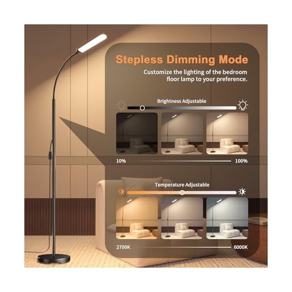 Floor Lamp, Bright 18W LED Standing Lamps for Living Room, Remote Stepless Adjustable Color and Brightness Dimmable with ON/Off Switch, Gooseneck Reading Lights for Bedroom Office, 1300LM Black - Image 5