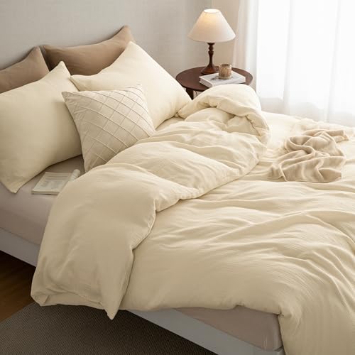 Muslin Duvet Cover 100% Washed Cotton, Queen Size Duvet Cover Set Linen Like, Minimalist Soft Comforter Cover 3 Pieces, Lightweight Gauze Duvet Cover with 2 Pillowcases, 90”x90”, Brown — view 4