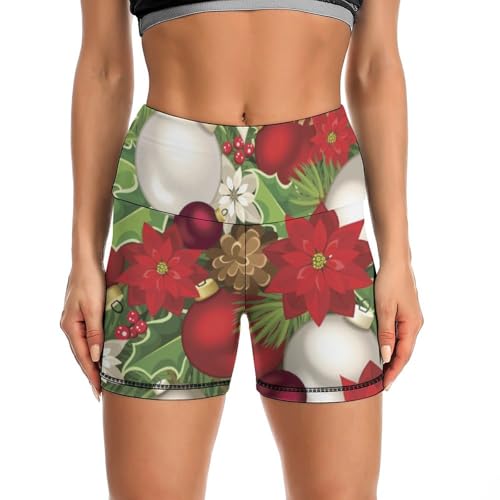 JYYAU Blooming Poinsettia Holly Berry Christmas Pattern High Waist Yoga Shorts for Women Athletic Shorts Leggings Running Pants Black