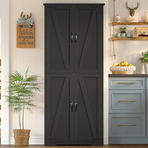 Image of TEENFON Tall Storage Cabinet, Kitchen Cabinet with 4 Shelves, Adjustable Shelves, Pantry Cabinets with 4 Barn Doors, Tall Kitchen Cabinets for Dining Room, Living Room, Black