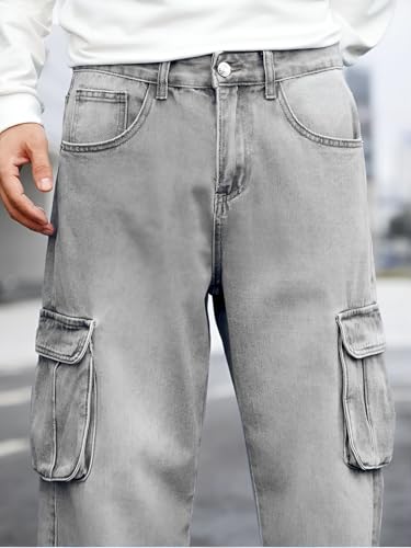Image of Ben Martin Men's Denim Cotton Cargo Jeans || Stretchable Baggy Fit || High Waist Loose Cargos for Men with Box Pockets || Stylish Gen-Z Streetwear || Sizes 28-40 || Black, Khaki, Grey & More
