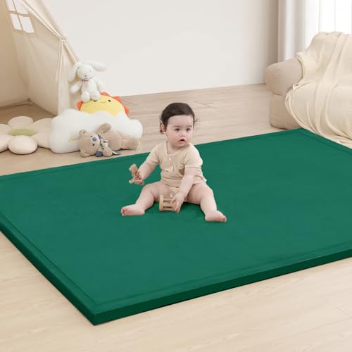 Image of Baby Play Mat for Floor,1.3 inch Thick Memory Foam Tummy Time Mat,Water Repellent Soft Velvet Nursery Rug,Extra Large Non Slip for Crawling,Toddlers,Infants,Kids,Tatami Style for Living Room(Dark Green)
