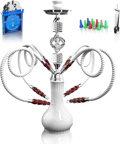 Kiseely Hookah Complete Set with 4 Hose 22 Large Shisha Kit for Up to 4 Persons with Everything Included Ceramic Bowl | Premium Hose | Beautiful Glass Vase (White OS1)