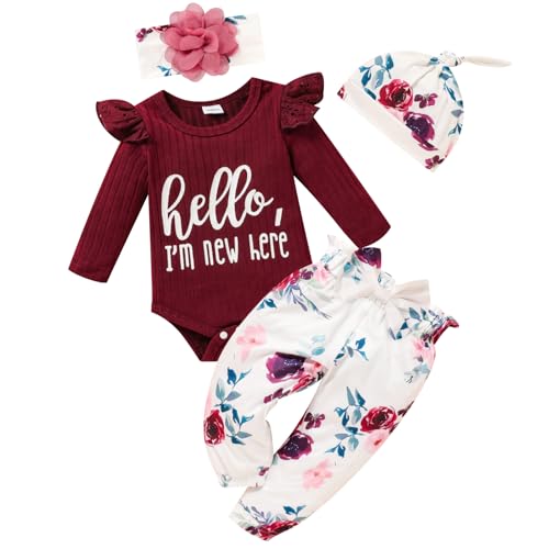 Image of TITKKOP Newborn Baby Girls Clothes Ruffle Long Sleeve Romper Floral Pnats+Headband+Hat 4pcs Baby Girl Outfits