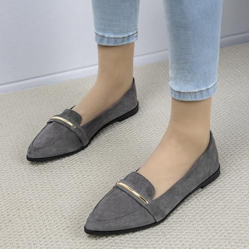 Image of Pointy Toe Penny Loafers for Women Dress Office Work Flats Shoes | Comfortable Women's Faux Suede Leather Slip On Flat Loafers for Driving Business Casual Cute Ballet Shoes