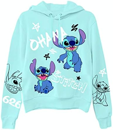 Ladies Lilo and Stitch Sweatshirt - Ladies Classic Lilo and Stitch Ohana - Multi Print Allover Hoodie Sweatshirt (Sky Blue Hoodie, Medium)