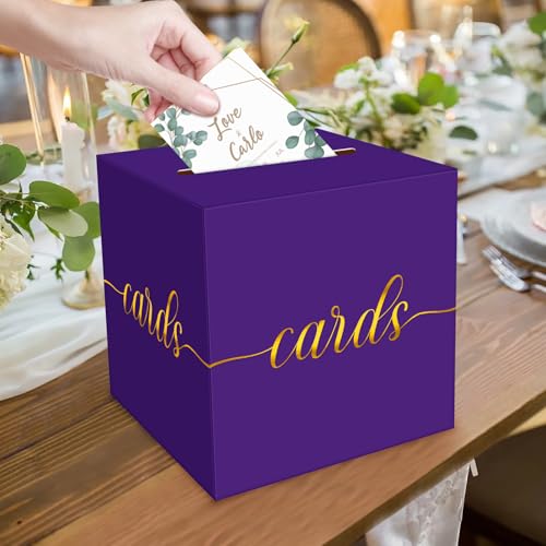 Image of 1 Pack Purple and Gold Foil Card Box for Party, 8.7 inch Purple Gift Card Box Money Box for Birthday, Wedding, Baby Shower, Retirement, Anniversary, Bridal Shower, Graduation, Raffle Ticket