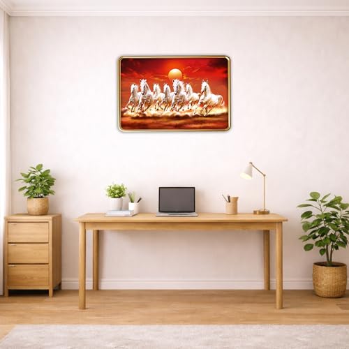 Image of XOPY Seven Running Horses with Golden Frame | Vastu 7 horses Raw Pyrite Painting for Home, Office & Living Room Wall Decore | 12X18 Inch Sparkle Laminated Frame | Best For Gifting (3064, 12X18)