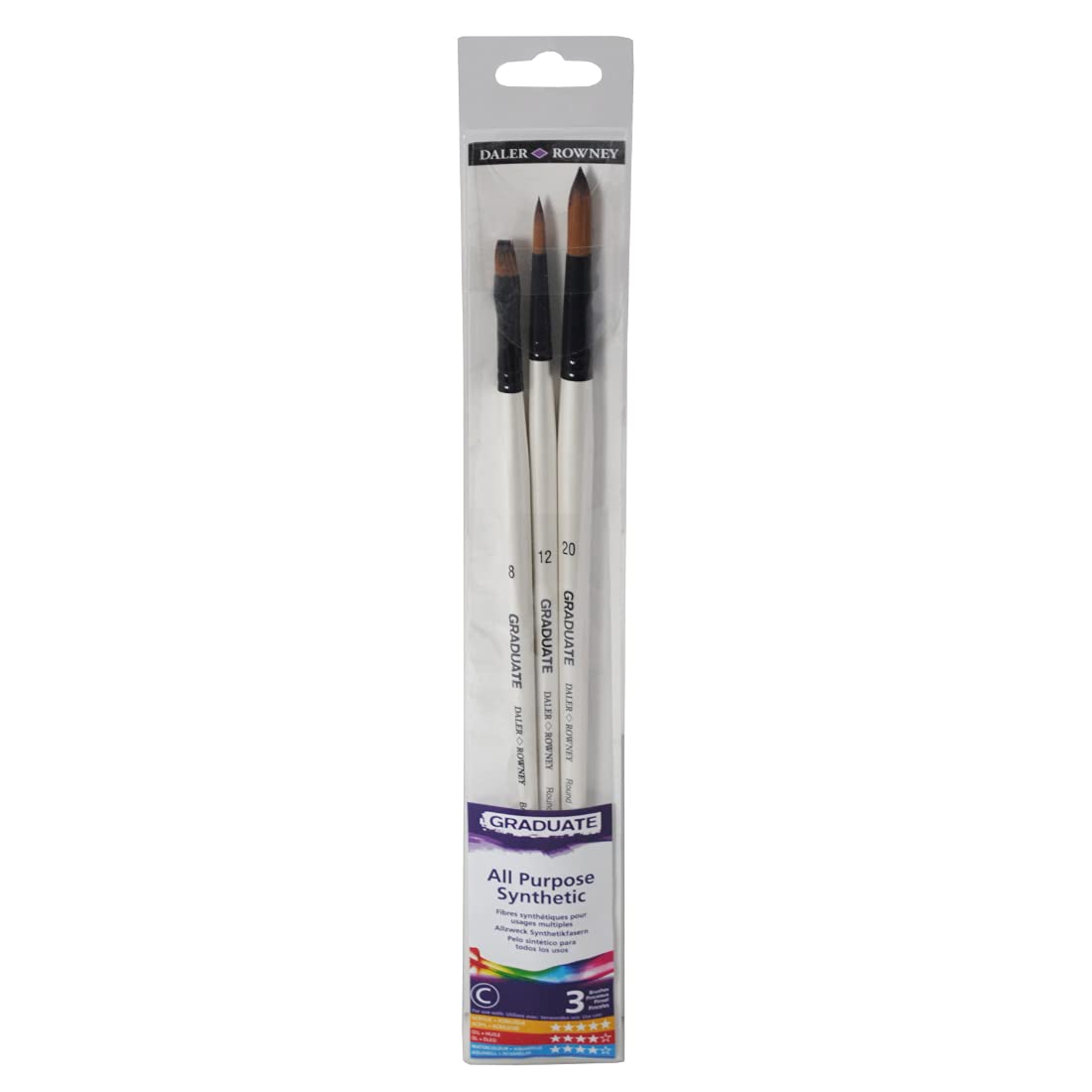 Daler-Rowney Graduate Synthetic Long Handle Brush Set of 3 - 100% GENUINE NEW