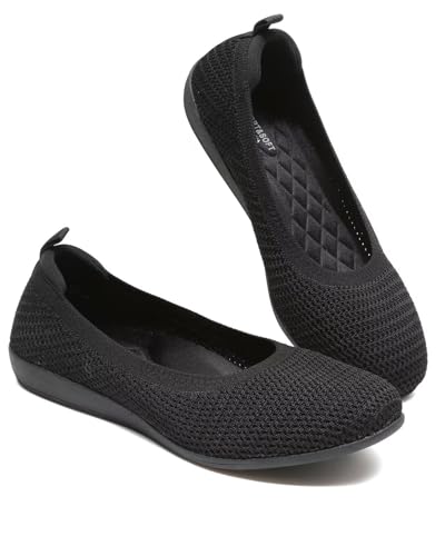 DEXJEWU Women's Ballet Flats Knit Dress Shoes Soft Work Comfort Ballerina Slip-on Walking Shoes with Arch Support, 022 All Black, 10 US