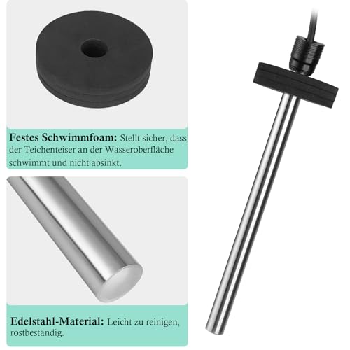 FEDOUR Teichheizung 300W- Eisfreihalter für Teiche, Koi-Teich, Gartenteichenteiser mit 5m Langem Kabel und Schwimmendem Schaumstoff