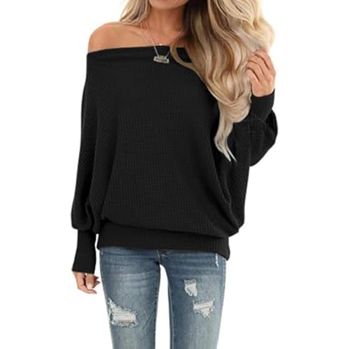 Lacozy Women's Off The Shoulder Tops Waffle Knit Oversized Sweatshirt Long Sleeve Tunic Shirts Pullover Sweaters