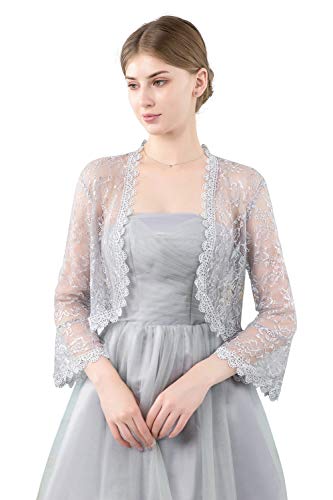 Central Chic Boléro en dentelle à devant ouvert pour femmes pour mariages, mariées, demoiselles d'honneur, robes de soirée S-M, gris argenté, taille unique