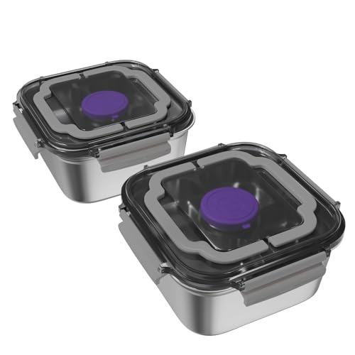 Set of 2 Salad Container for Lunch Large-60-oz Salad Bowl with Lid,3 Compartment Bento-Style Tray and 1.5-oz Salad Dressings Container,Stainless Steel container with Lids, Lunch Box, Bento Box(Grey)
