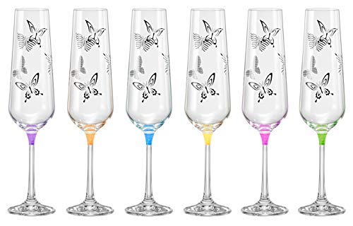 Champagne - Flute - Glass - Glass Crystal - Wedding Toasting Flutes - With Butterfly Imprint - Assorted Colour Stem - Set Of 6 Glasses - By Barski - 9 Oz. - Gift Boxed - Made In Europe #TOP3