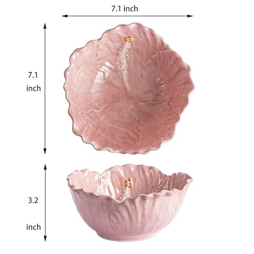 Awakingwaves Cute Handcrafted Ceramic Cereal Bowl With Hibiscus Designs For Fruit, Salad And Soup,Sculpted Flower-Shaped Candy Pink Bowl For Kitchen, Microwave And Dishwasher Safe, Party Decor #TOP1