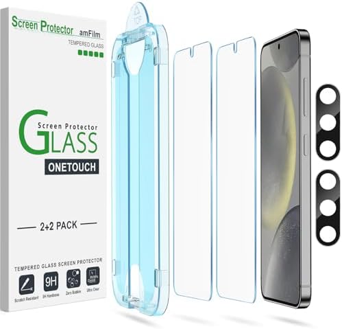 amFilm [2+2 Pack] OneTouch Tempered Glass Screen Protector Guard for Samsung Galaxy S24 6.2 Inch with Camera Lens Protector, 9H Hardness, Easy Installation and Bubble Free.