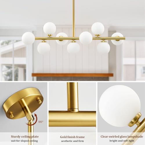 Mid Century Modern Sputnik Chandeliers: 9-Light Linear Brass Gold Dining Room Light Fixture - 40" Long Milk White Glass Globe Modern Pendant Chandelier Lighting for Living Room Kitchen Island Table by ALIYIQI - Used condition - Image 2