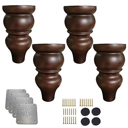 TONZN 4er-Pack Möbelbeine aus Holz, kürbisförmige Ersatzbrötchenfüße aus massivem Holz, antike Sofafüße, für Schrank, Couch, Stuhl, Bett, Ottomane, mit Montageplatte und Schrauben ()