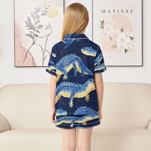 Satin Pajama Sets Short Sleeve Blue Crocodile Pattern Print Button Down Silky Nightwear 2 Piece PJS 5-14Y4