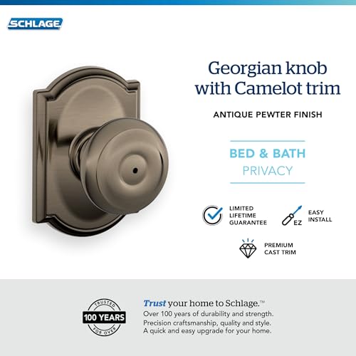 Image of SCHLAGE F40 GEO 620 CAM Camelot Collection Georgian Privacy Knob, Antique Pewter