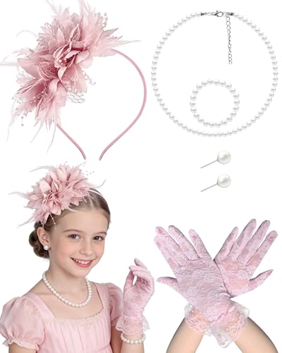 Girls Blush Pink Tea Party Fascinators Hats with Lace Gloves for Tea Party