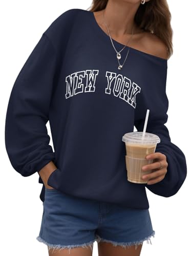 Bellcoco Womens Off the Shoulder Sweatshirt New York Long Sleeve Loose Pullover Tops Oversized Sweatshirts Trendy Spring Outfits Deep Blue NY M